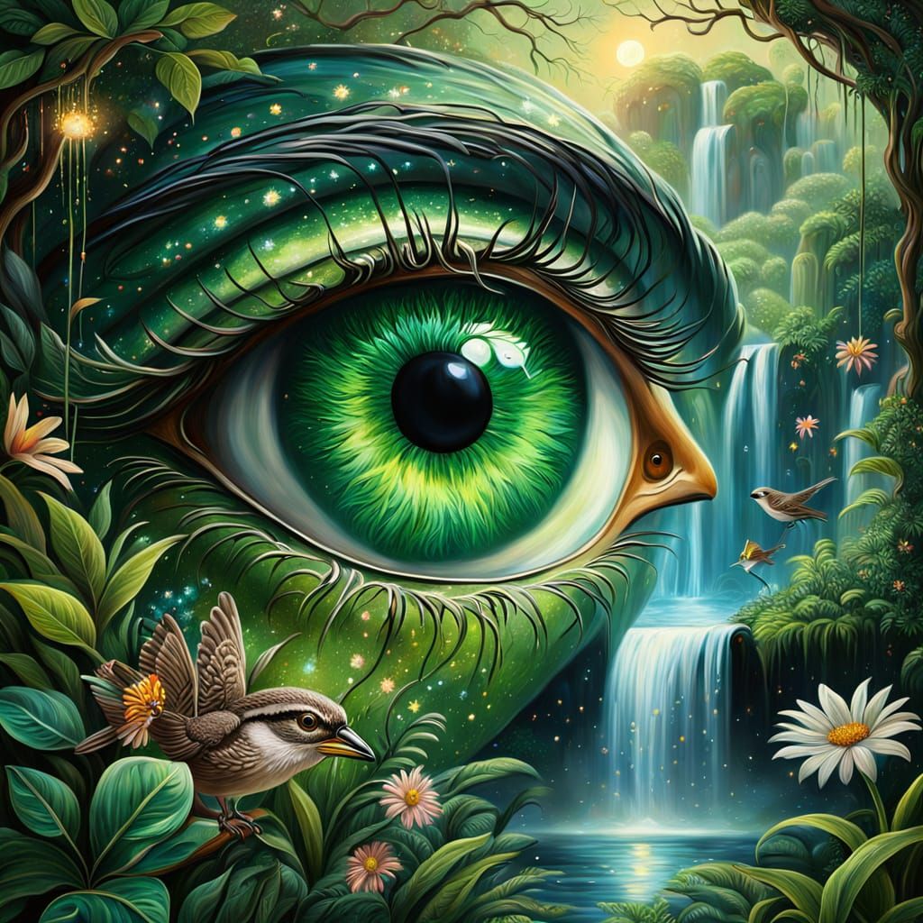 Magical Realism Eye Amidst Waterfall and Jungle