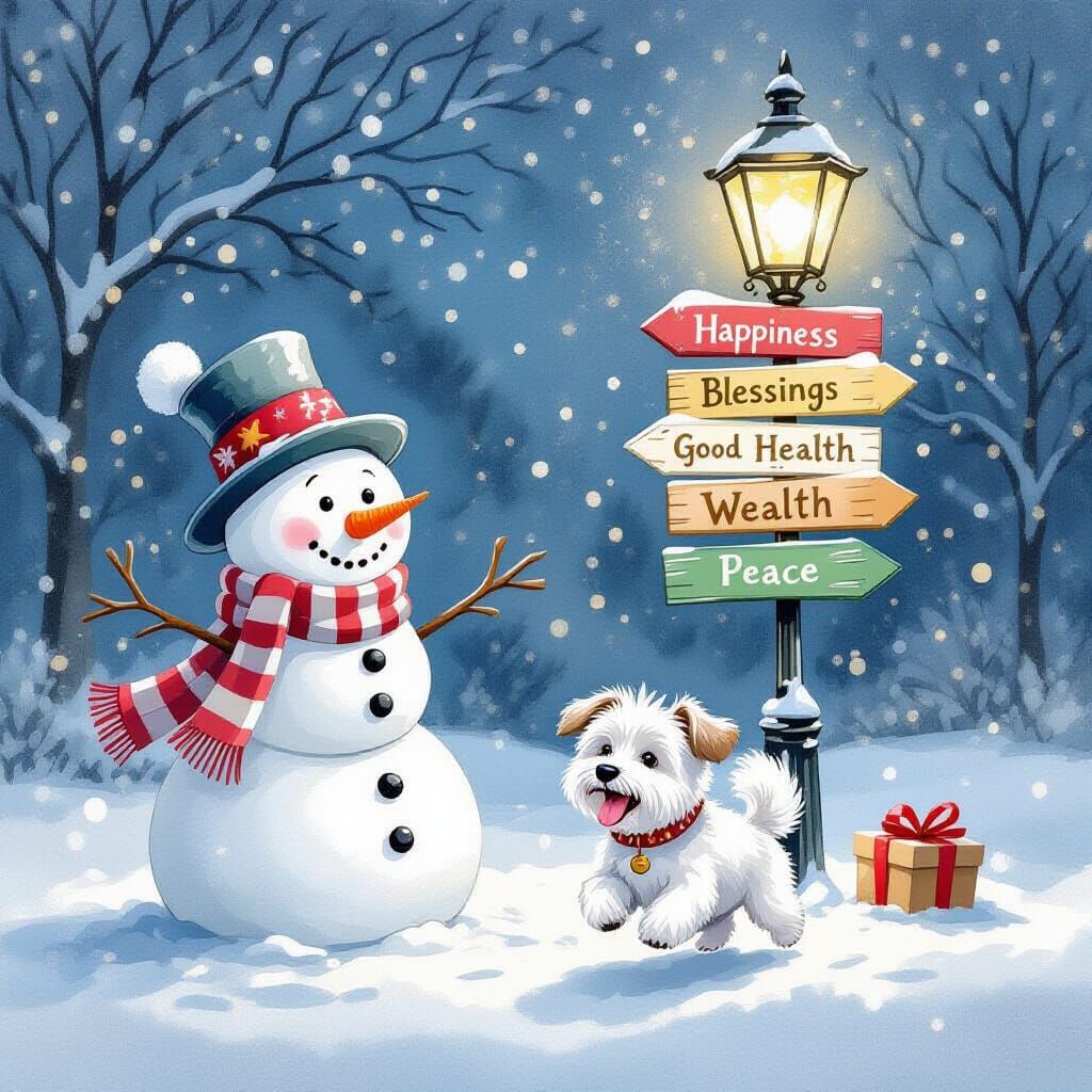 Smiling Snowman and Westie Dog in Watercolor