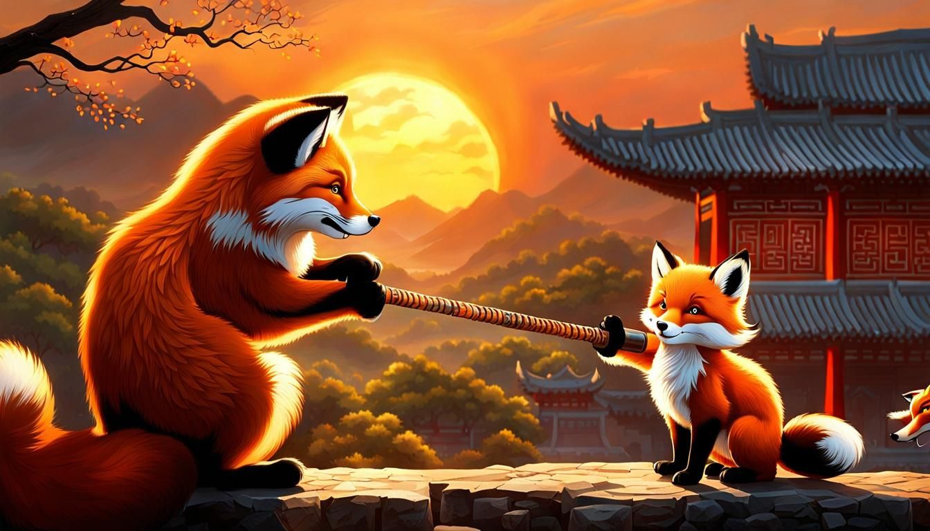 Kung-Fu Lesson: Fox Master and Apprentice at Sunset