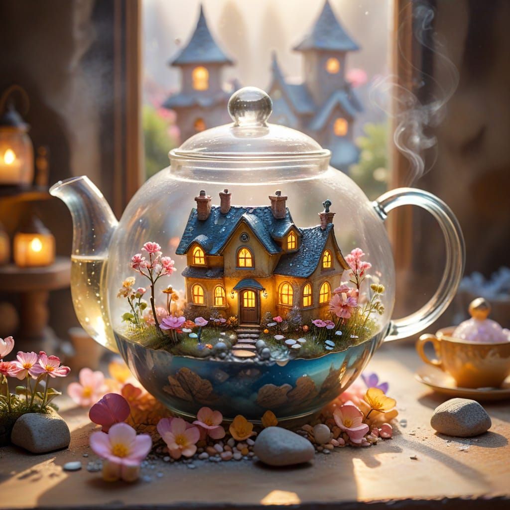 Miniature World Inside Teapot in Watercolor Style