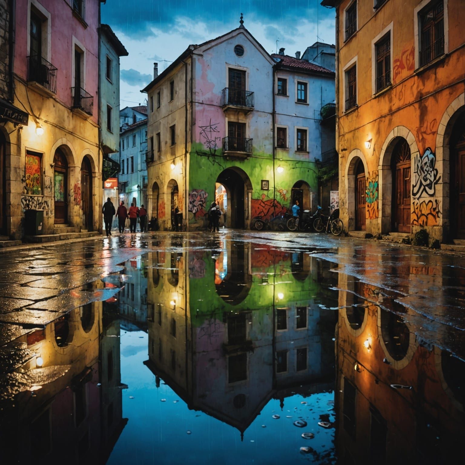 Mostar Night Scene after Rain in Splash Art Style