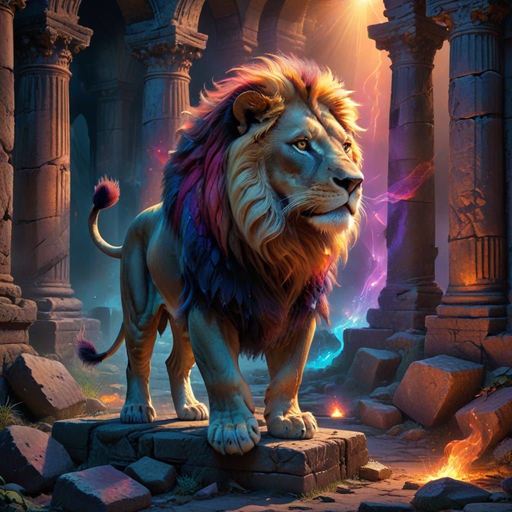 Majestic Lion Prowls Ancient Ruins in Painterly Style