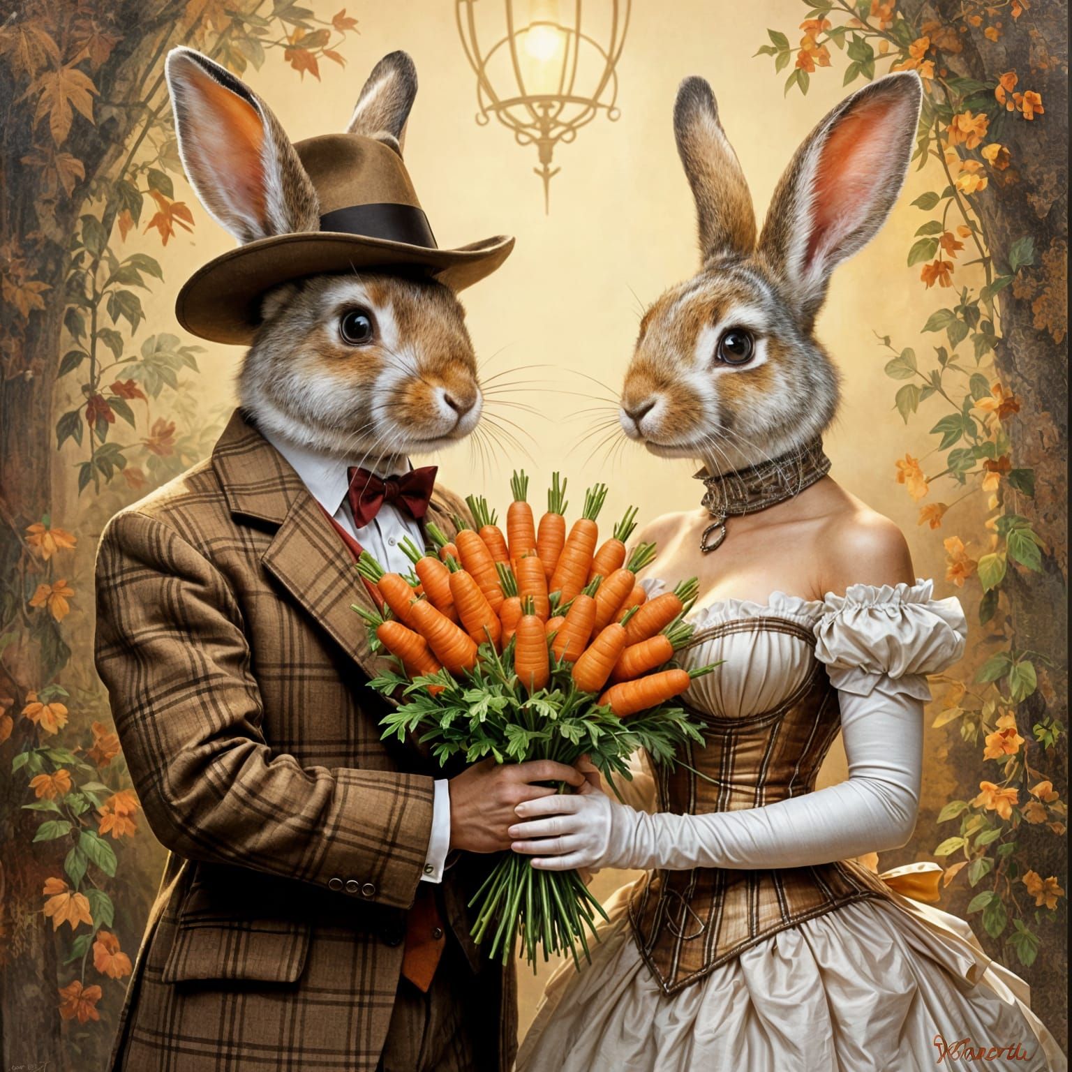 Tweed Rabbit Couple Exchanging Carrots in Oil Painting Style
