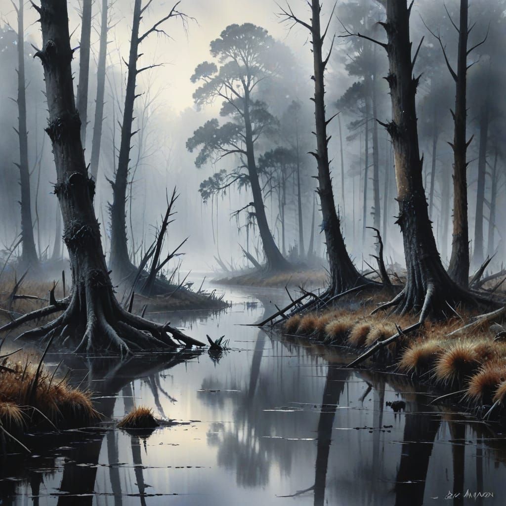 Mysterious Swamp Scene in Dark Watercolor