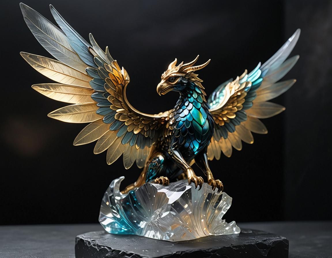 Iridescent Glass Griffon Sculpture in Studio