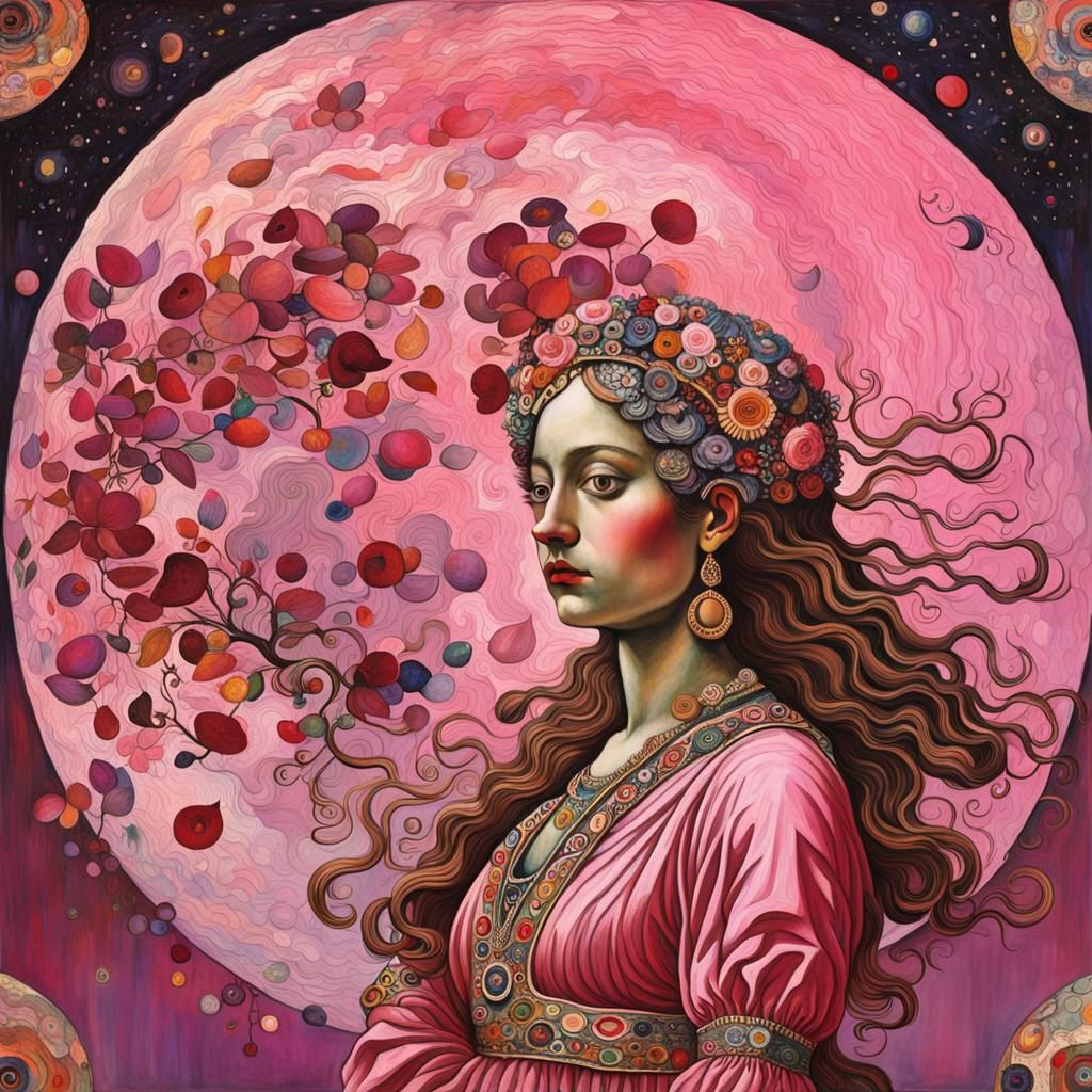 Celestial Goddess: Pink Full Moon in Maximalist Style
