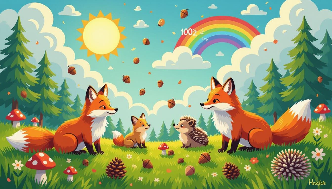 Enchanted Forest Scene with Animals in Gouache Style