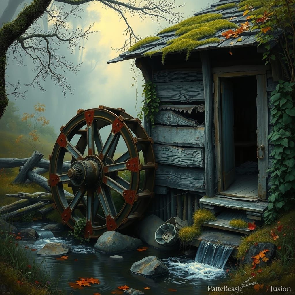 Weathered Water Wheel in a Mystical, Misty Landscape