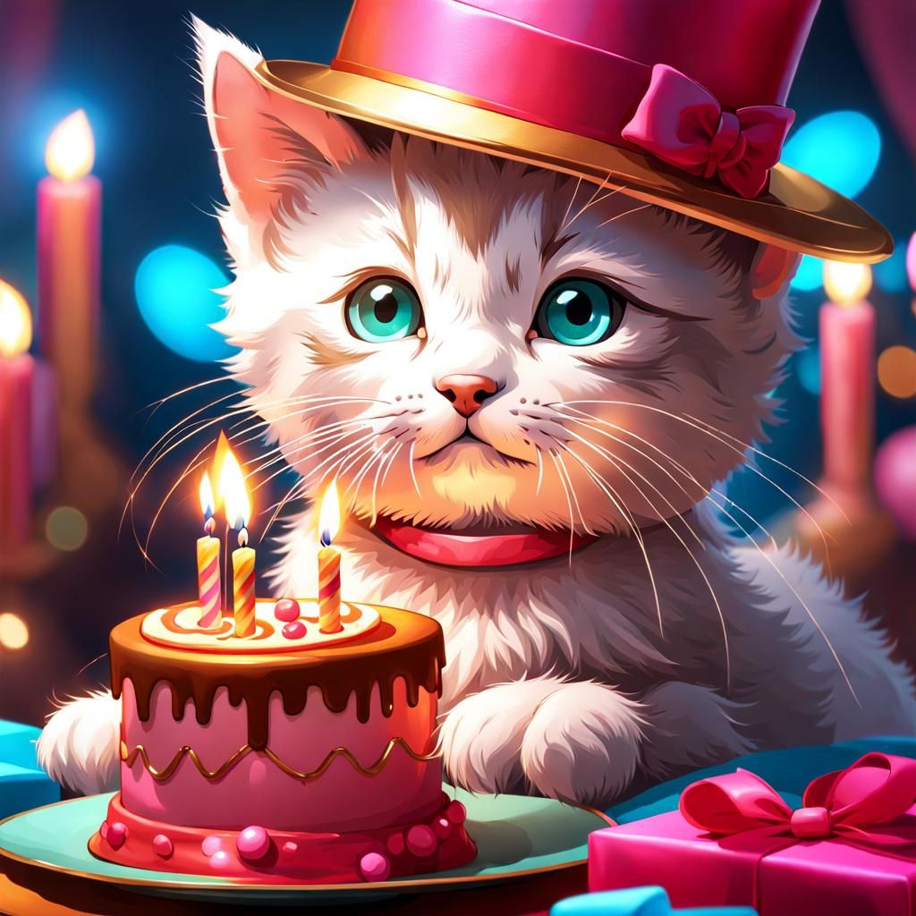 Birthday Kitten Portrait in Detailed Digital Art Style
