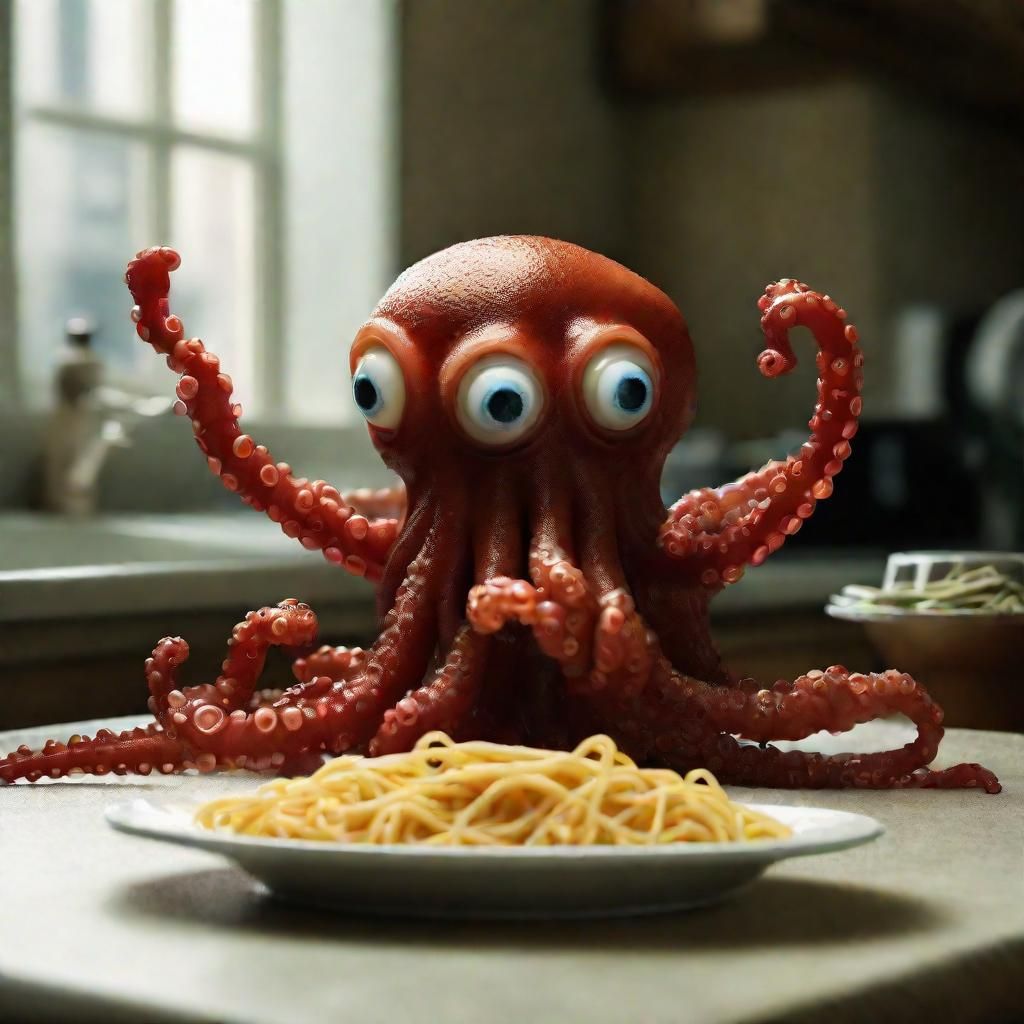 Octopus with Googly Eyes Eating Pasta, Hyperrealistic Photo