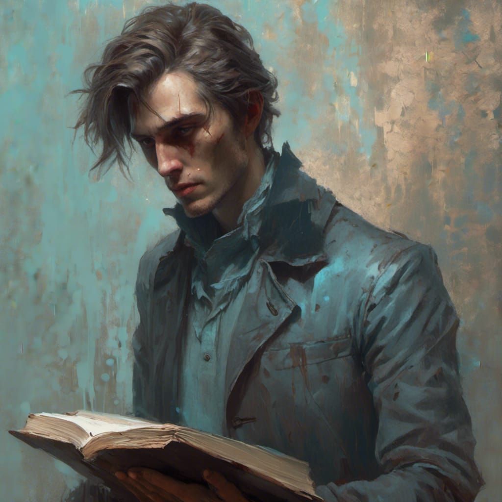 Macabre Portrait of Man Reading Book in Shadows