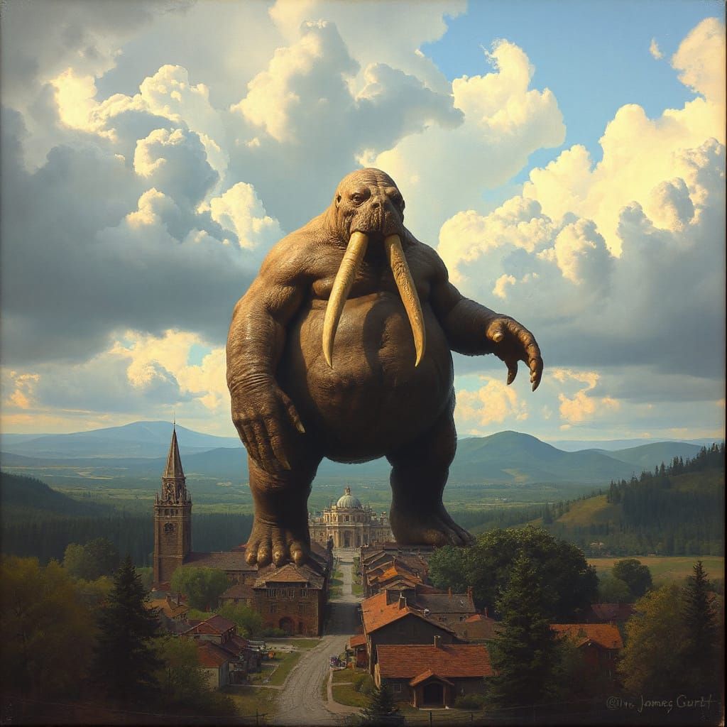 Gigantic Walrus-Man Looms Over Town: Oil Painting
