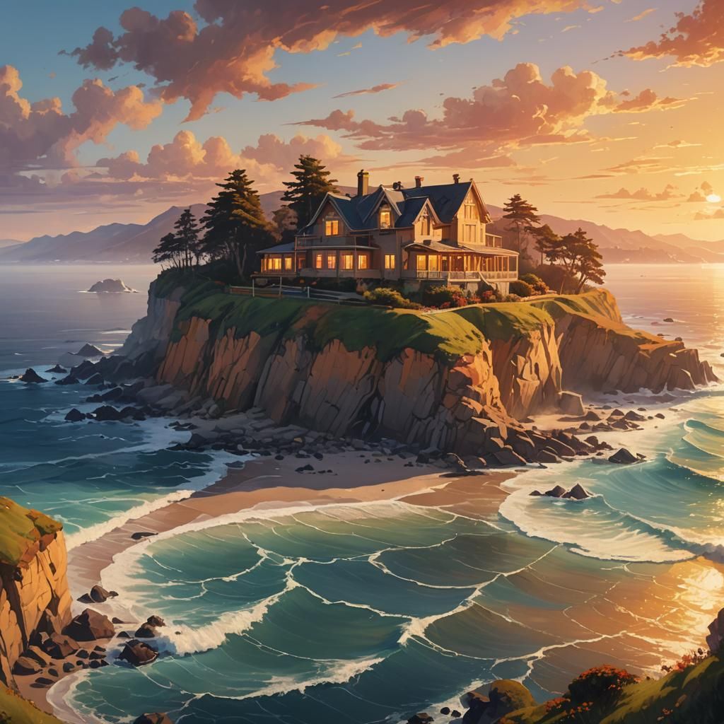 Cliffside House with Ocean View in Oil Painting Style