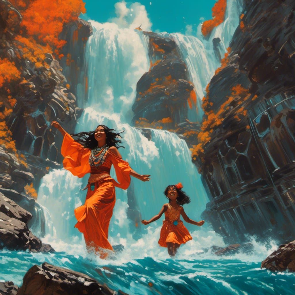 Native Woman and Daughter at Alien Waterfall