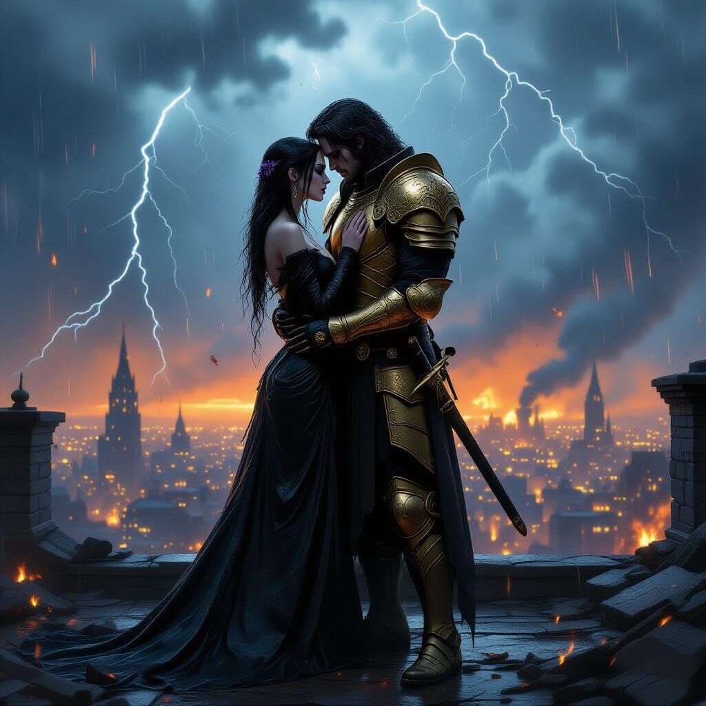 Gothic Fantasy Lovers Embrace Amidst Burning City