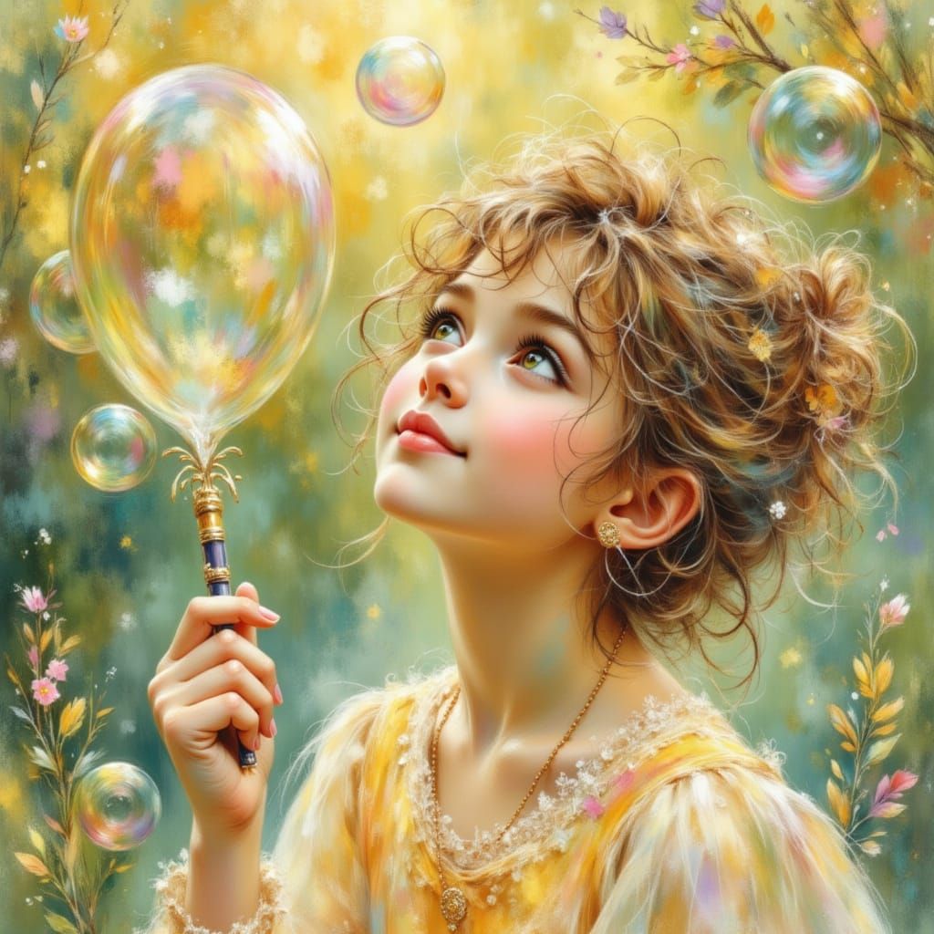 Child Gazing at Bubbles in Impressionist Style