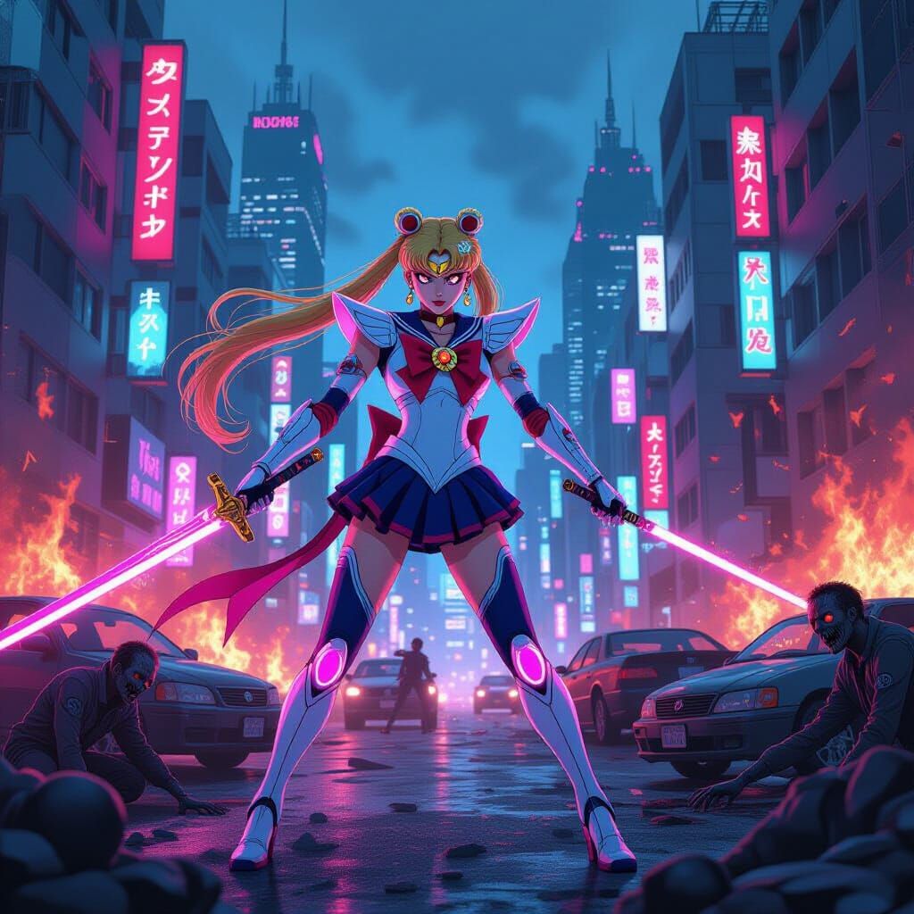 Cyberpunk Sailor Moon Warrior in Neon Tokyo