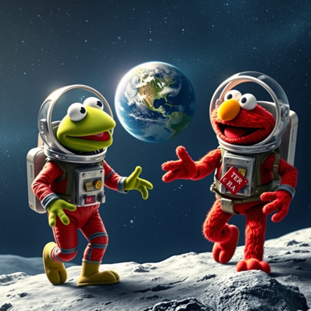 Kermit and Elmo's Moonwalk: Hyperrealistic Space Adventure