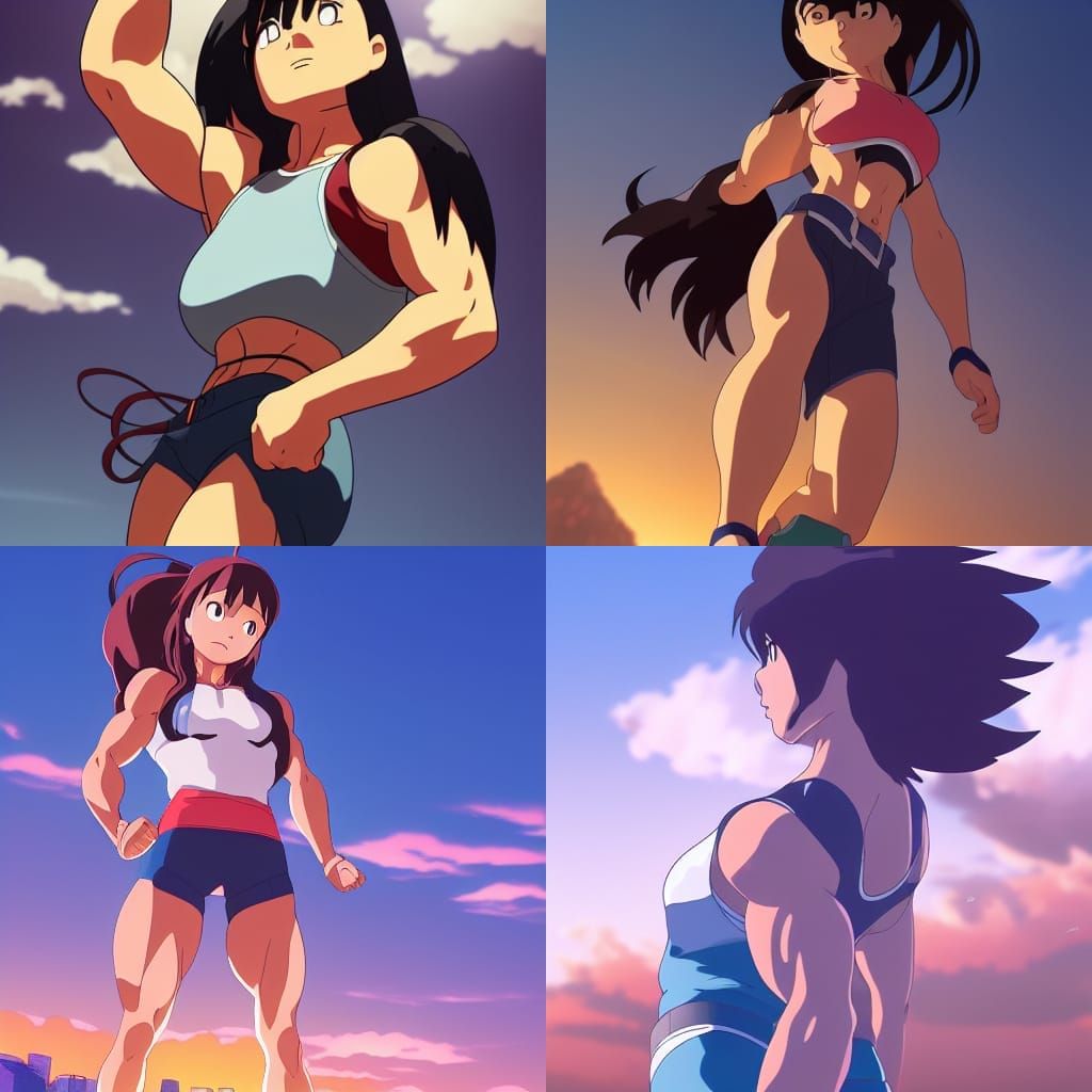 Giantess Muscle Girl in Studio Ghibli Anime Style