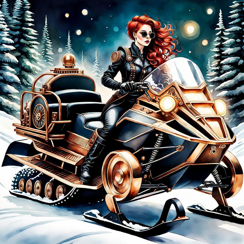 Steampunk Redhead Girl on Snowmobile Watercolor Illustration