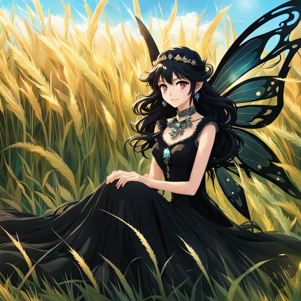 Black Fairy in Field, Anime Cel-Shaded Style