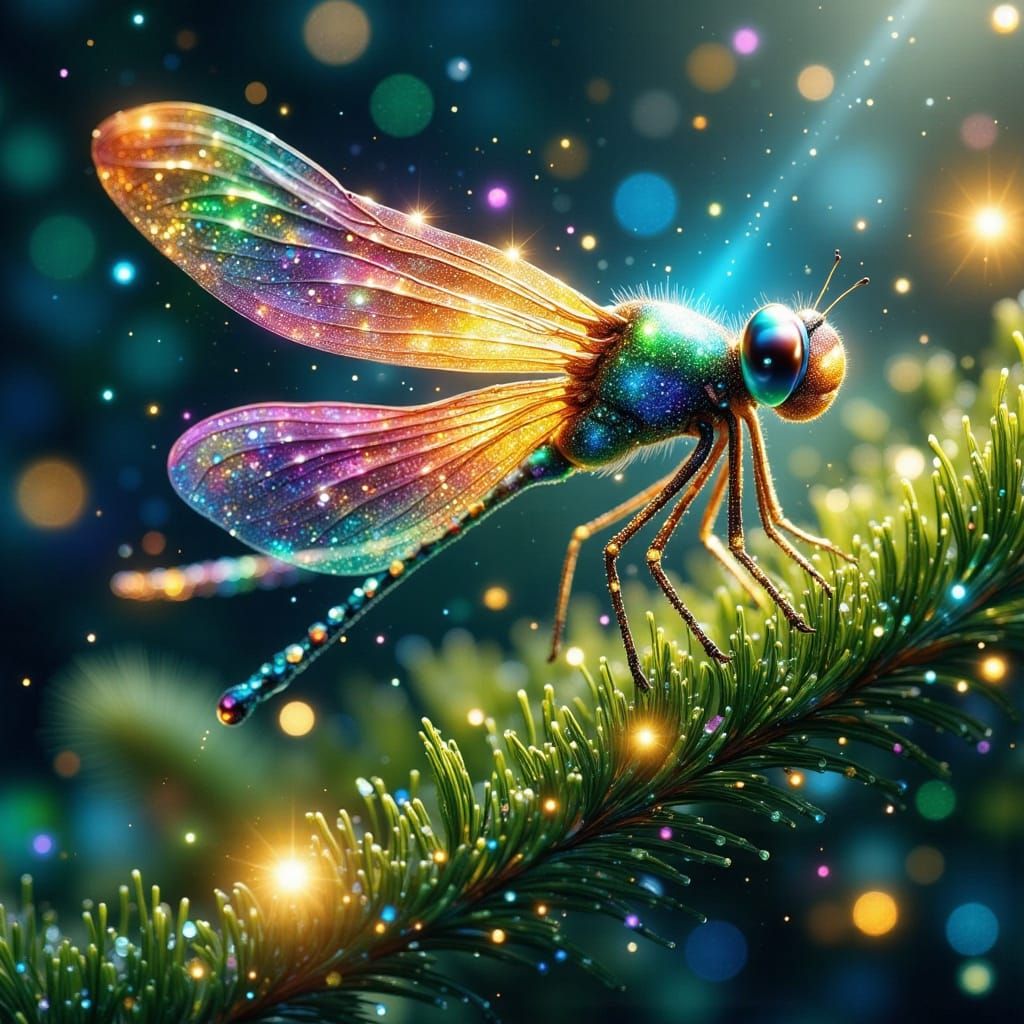 Dragonfly Wings Sparkle with Rainbow Light on Pine Branch