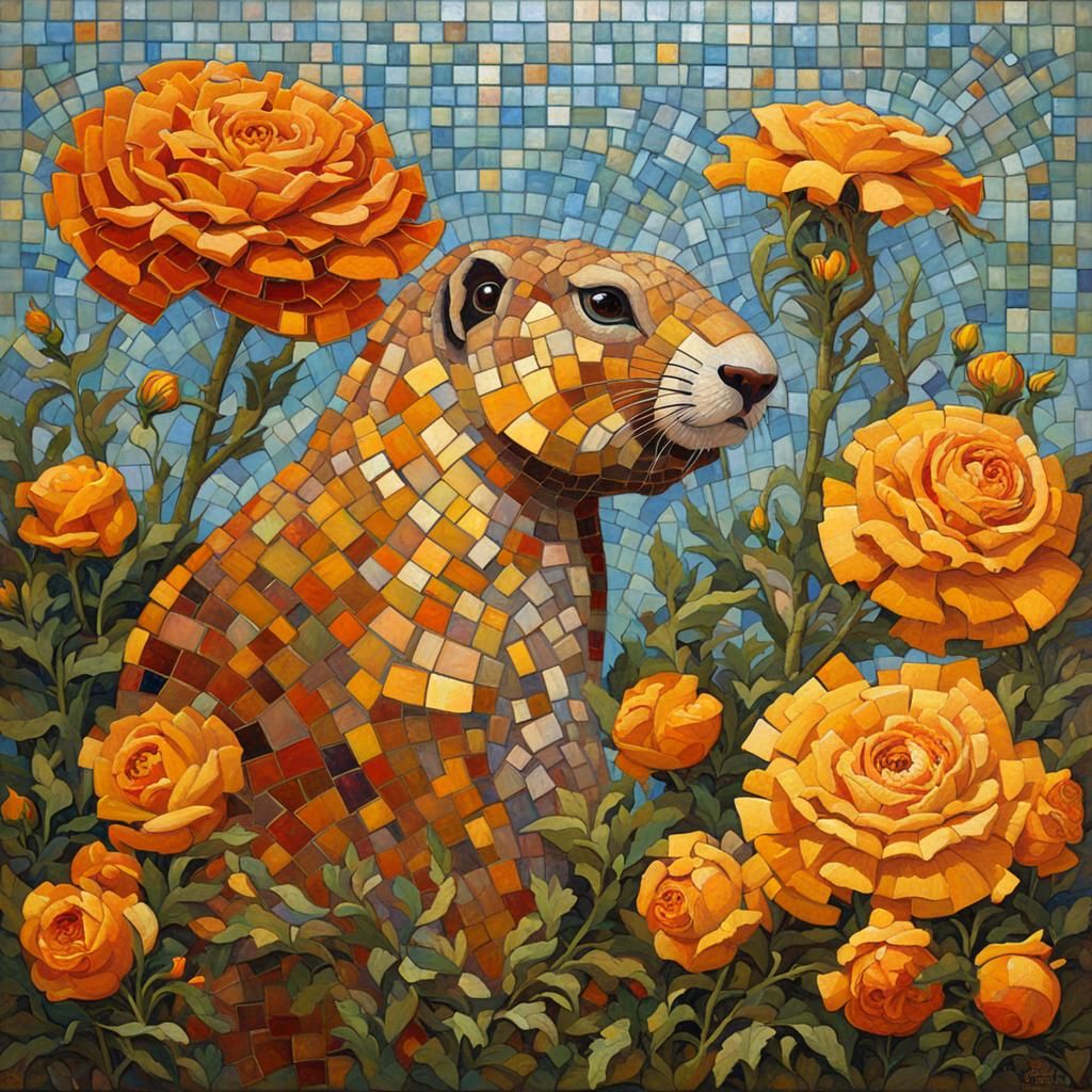 Art Nouveau Mosaic of Flowers and Prairie Dog