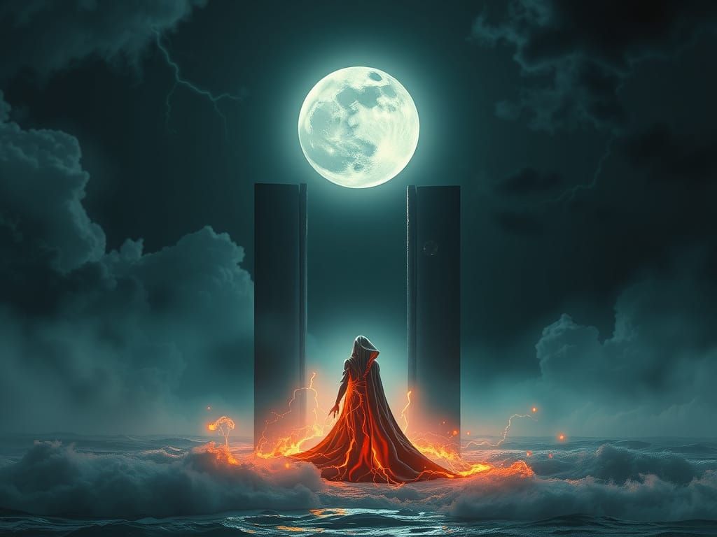 Mystical Figure on Stormy Shore in Cyberpunk Style