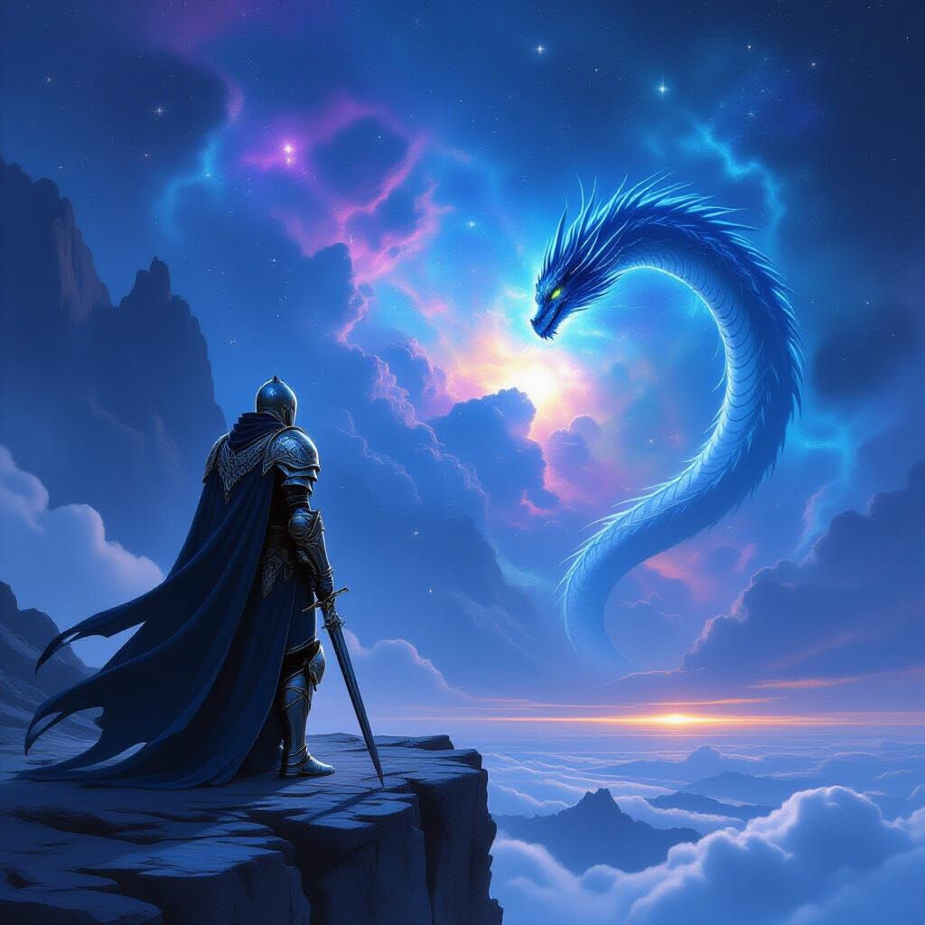 Knight on Cliff Overlooking Starry Nebula with Spectral Drag...