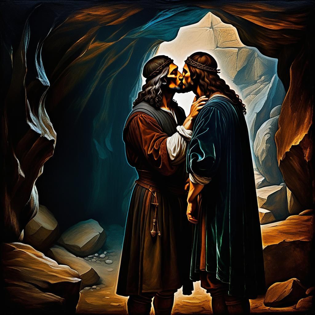 Romantic Cave Kiss: A Renaissance Painting