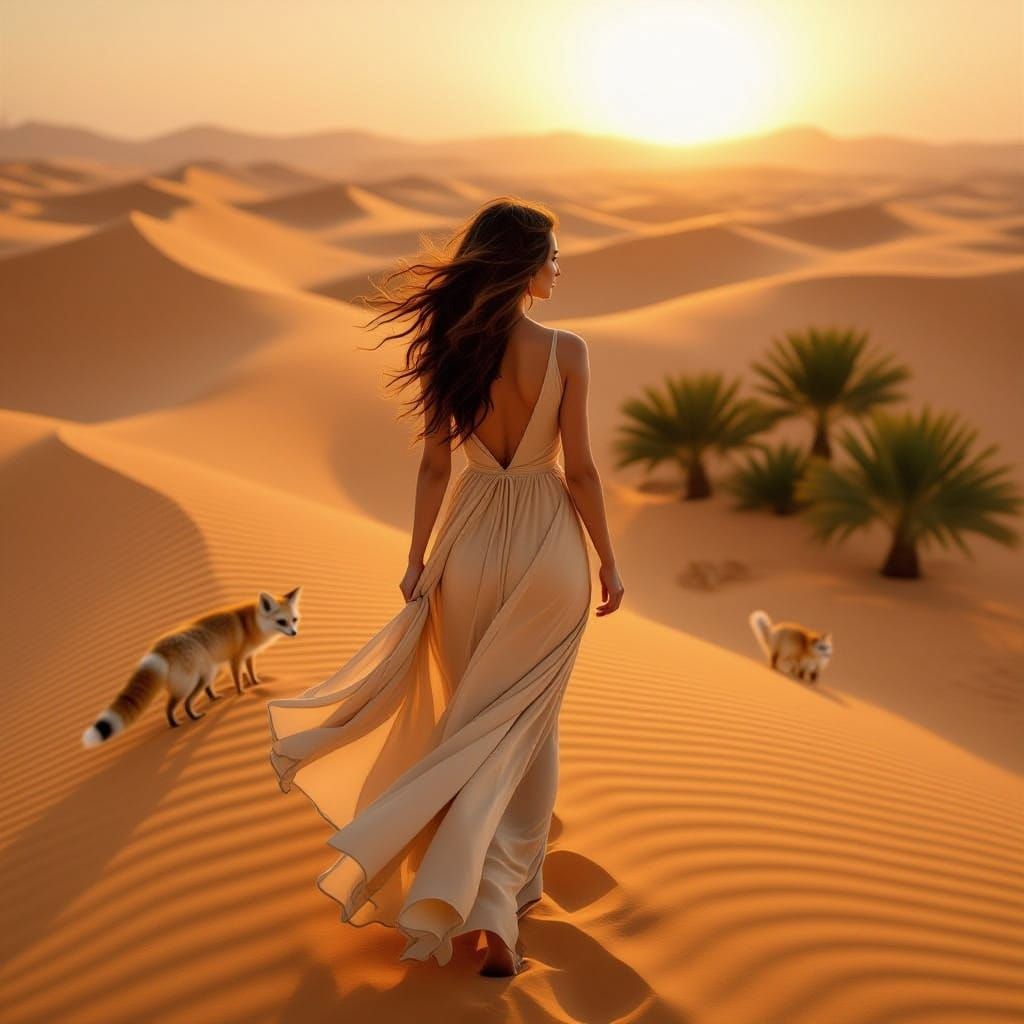 Woman Walks Dunes at Sunset with Fennec Foxes