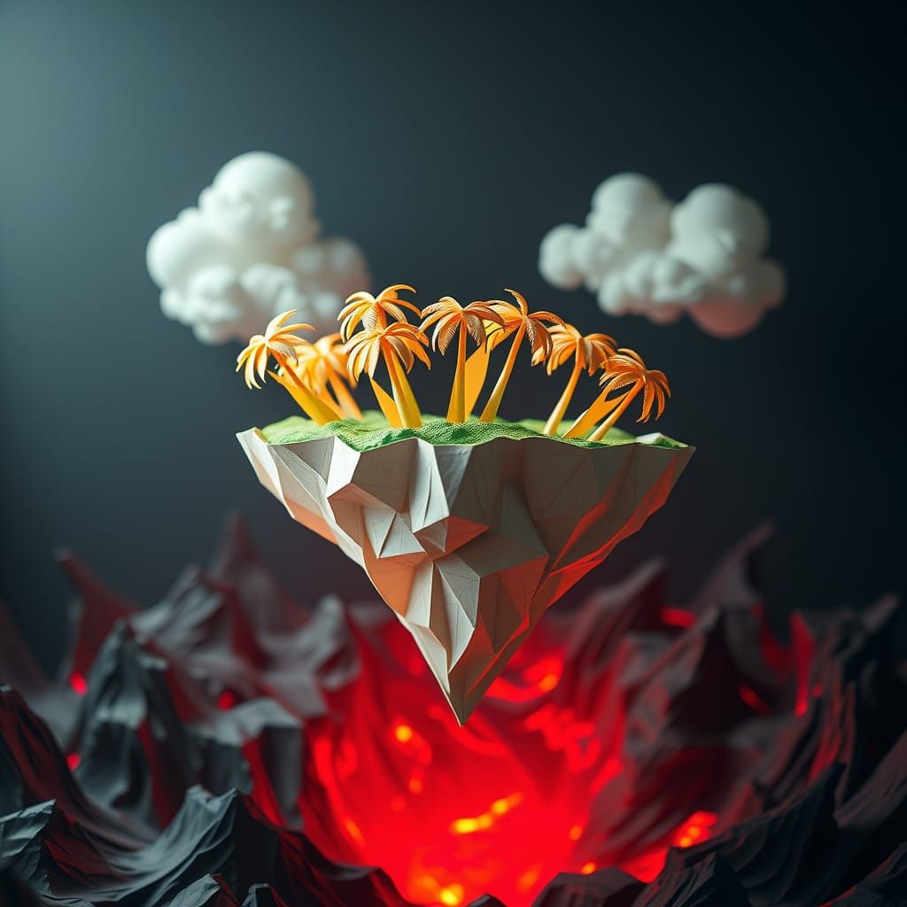 Magical Floating Island Above Hellish World in Origami Style