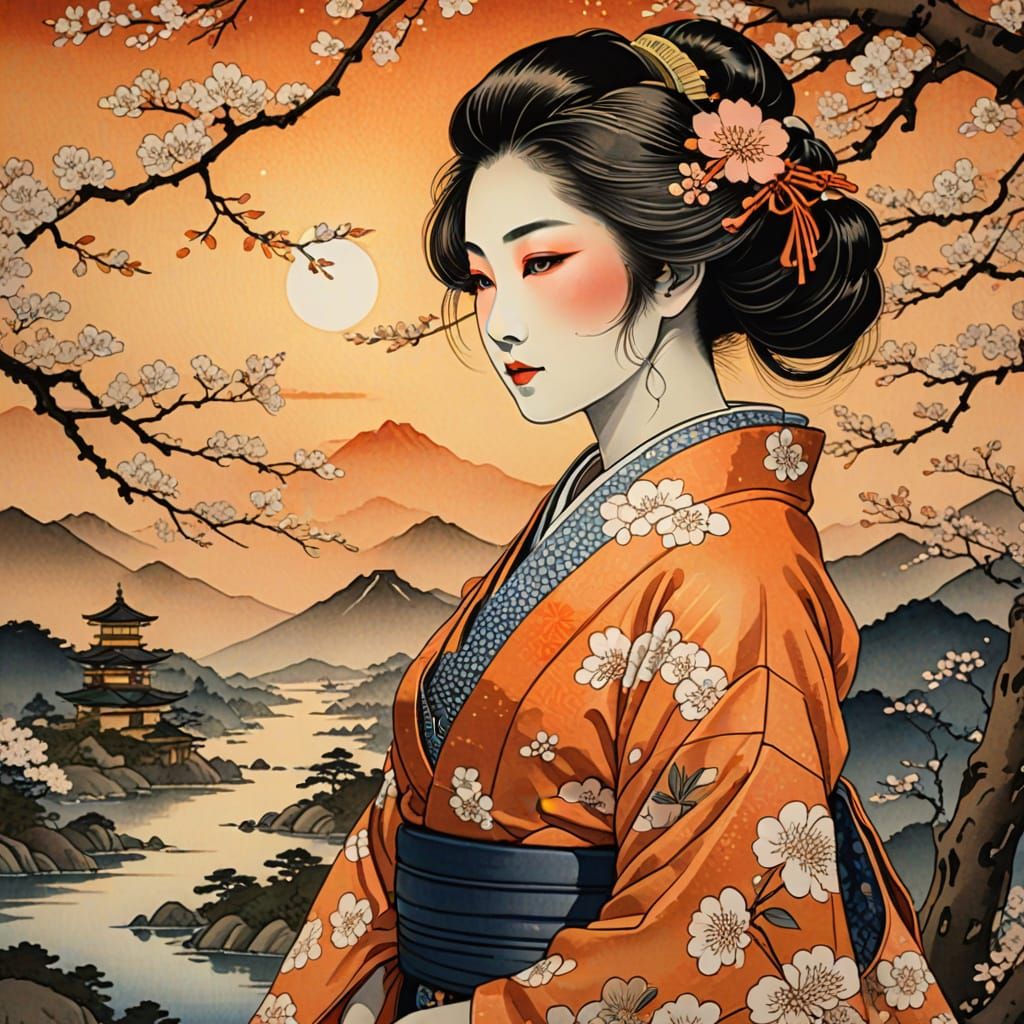 Geisha Gazing at Sunset in Ukiyo-e Style