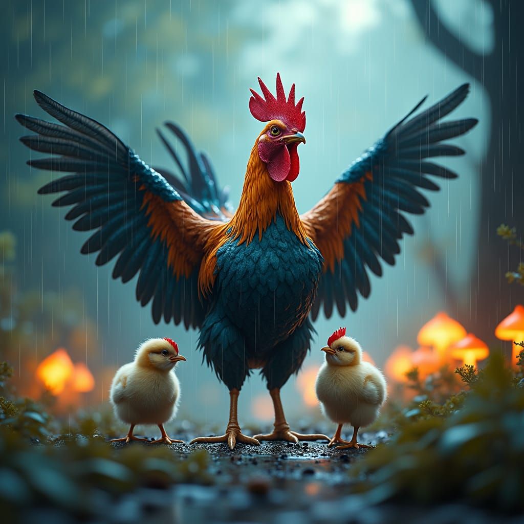 Protective Chicken Shielding Chicks from Rain