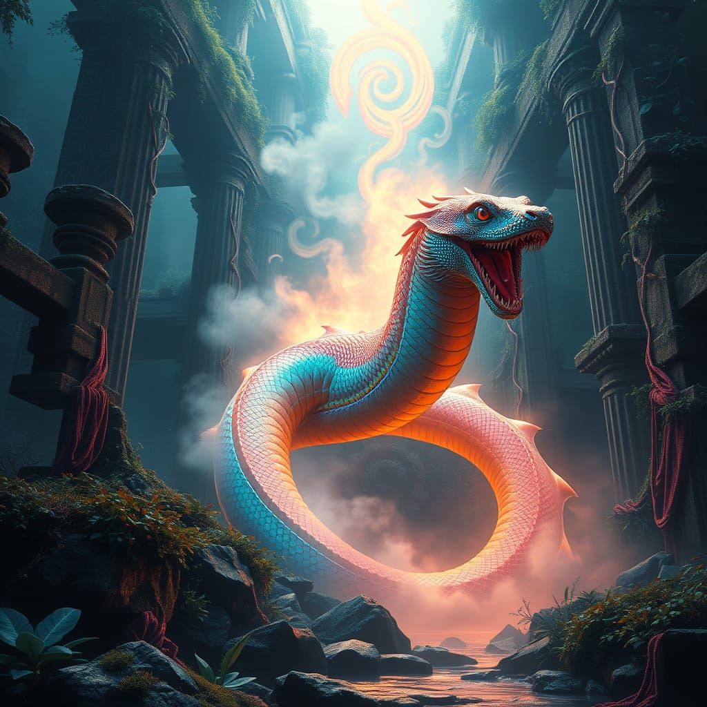 Vibrant Iridescent Serpent Emerges from Ancient Ruins