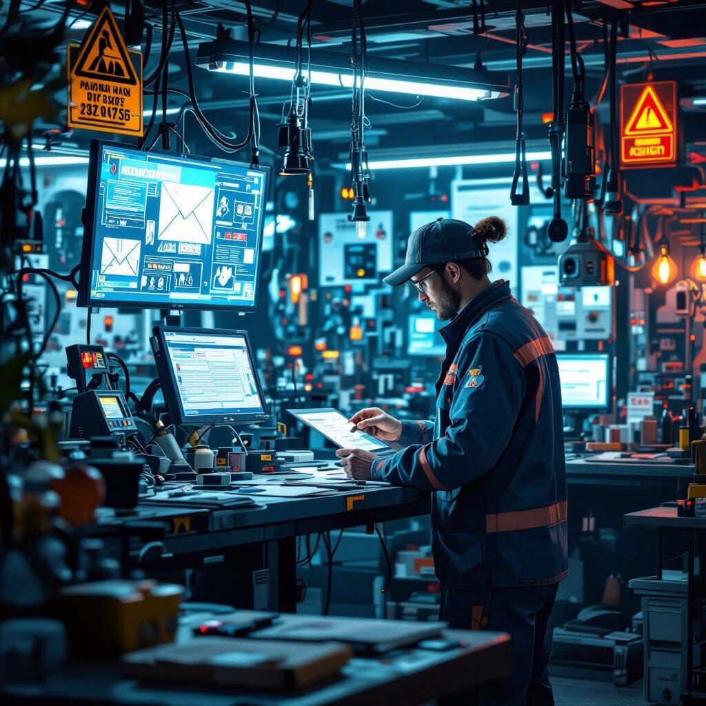 Workshop Worker Checks Digital Notices in Detailed Matte Pai...