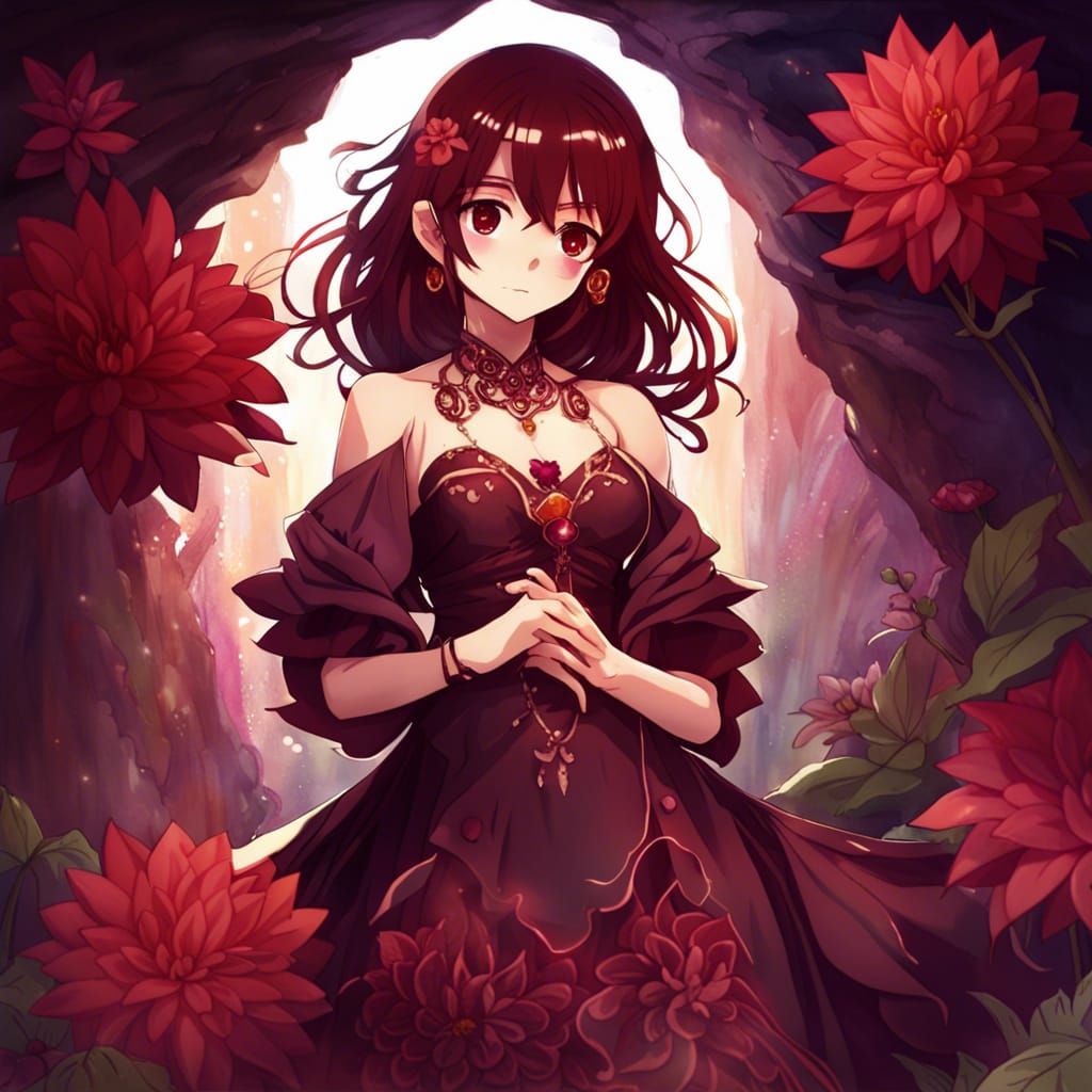 Anime Girl in Garnet Cave with Dahlia Dress