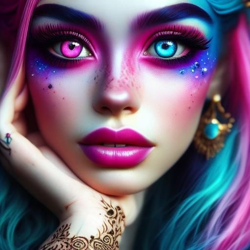 Woman with Colorful Hair and Henna Tattoos