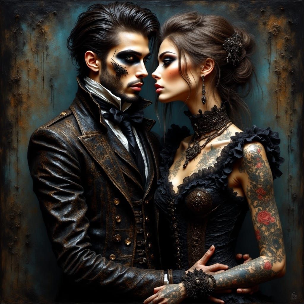 Lovers Embrace with Tattoos in Macabre Style