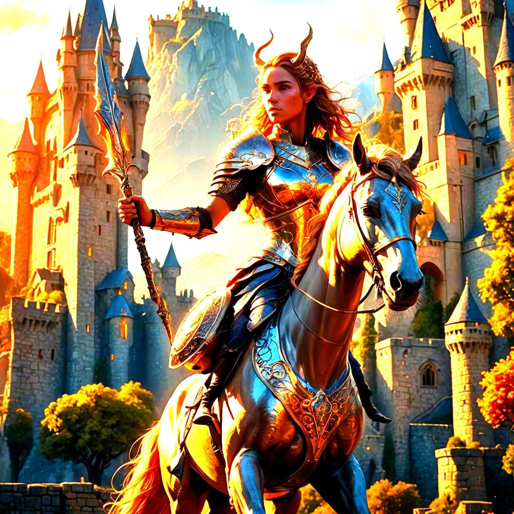 Female Centaur with Lance and Castle, Fantasy Art