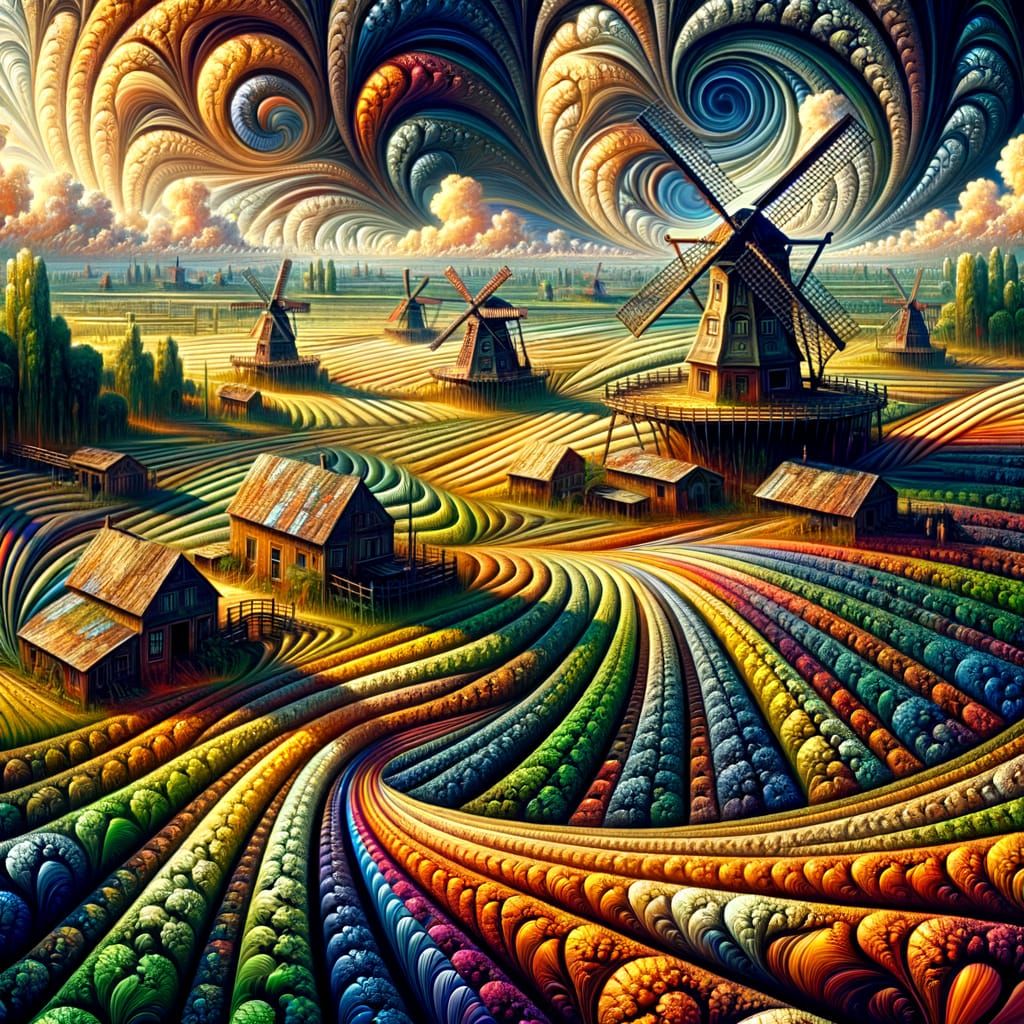 Expressionistic Village with Fractal Windmills