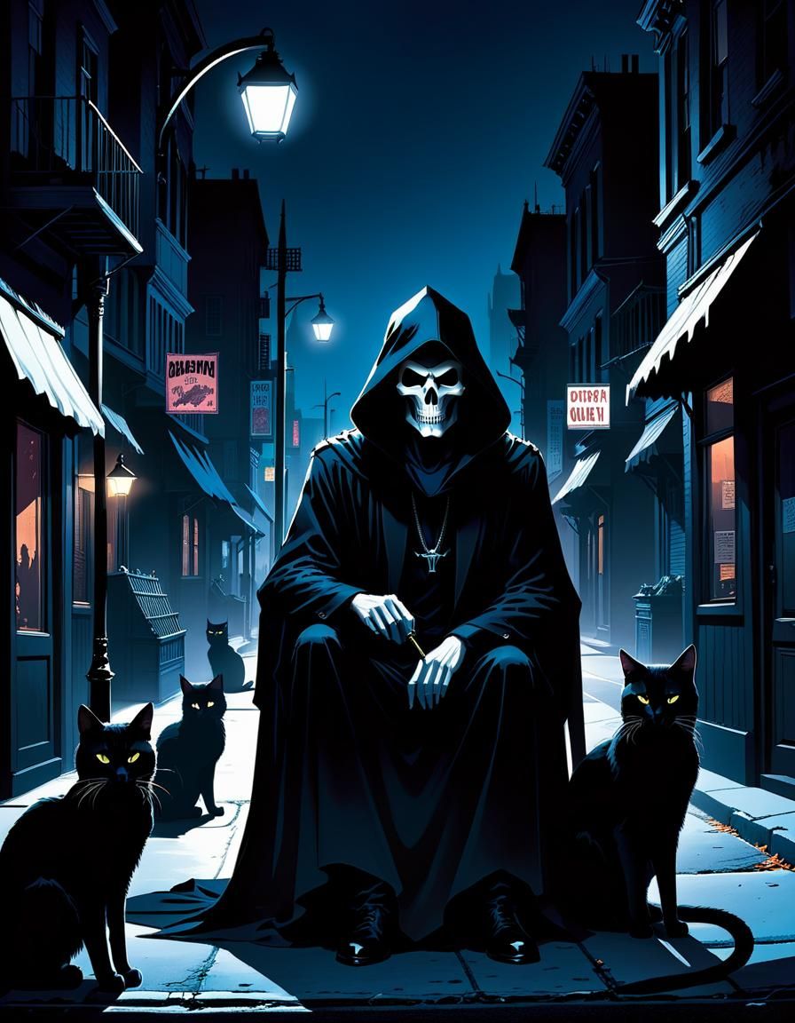 Comic noir illustration of the grim reaper and his cat friends