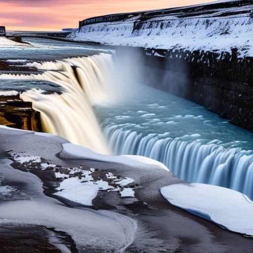 Gullfoss Falls Thawing: Iceland Winter Landscape