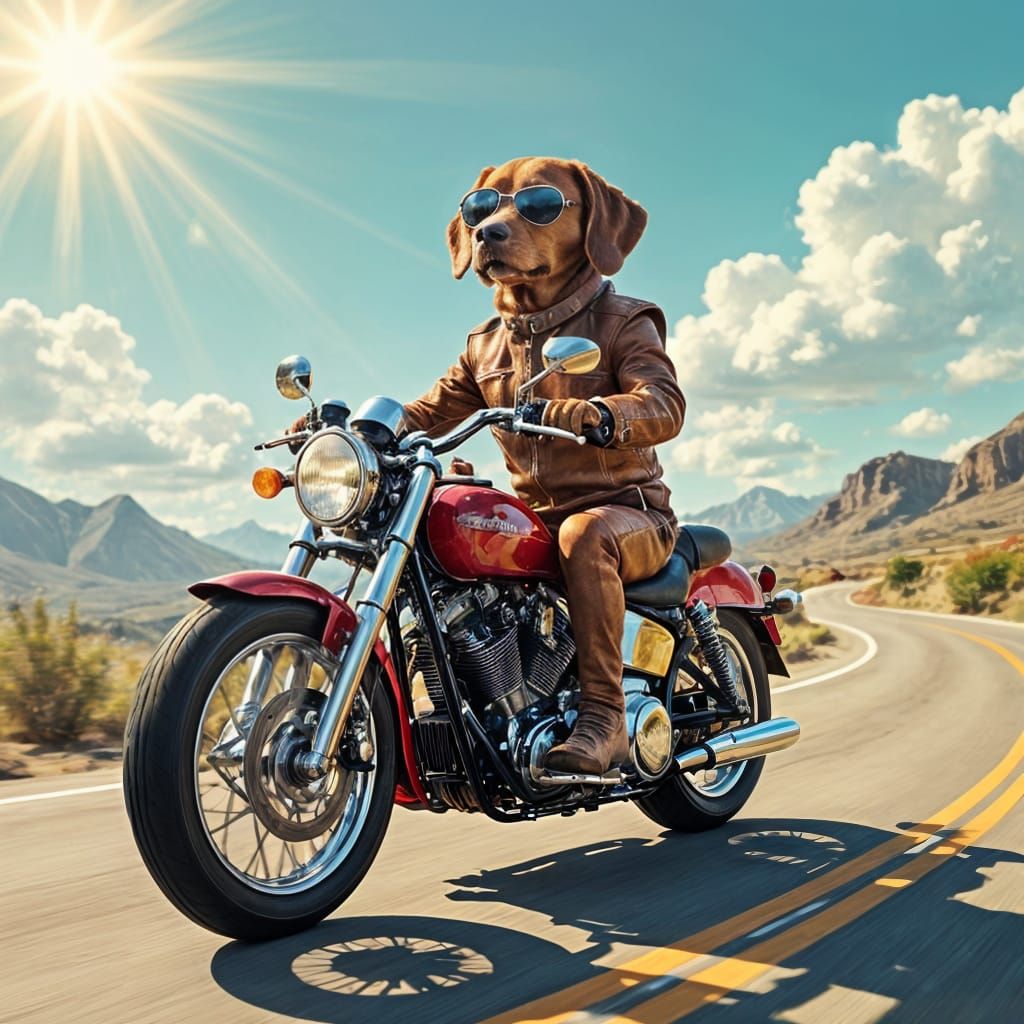Vizsla Dog Biker on Motorcycle in Splash Art Style