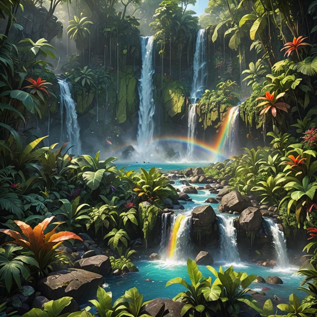 Lush Jungle Waterfall with Rainbow in Hyperrealistic Style