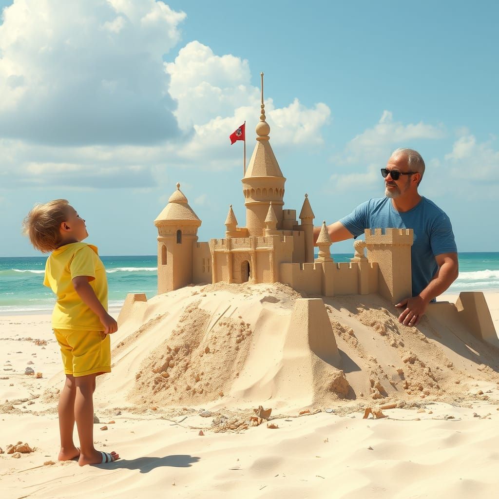 Father and Son Build Sandcastle on Sunny Beach