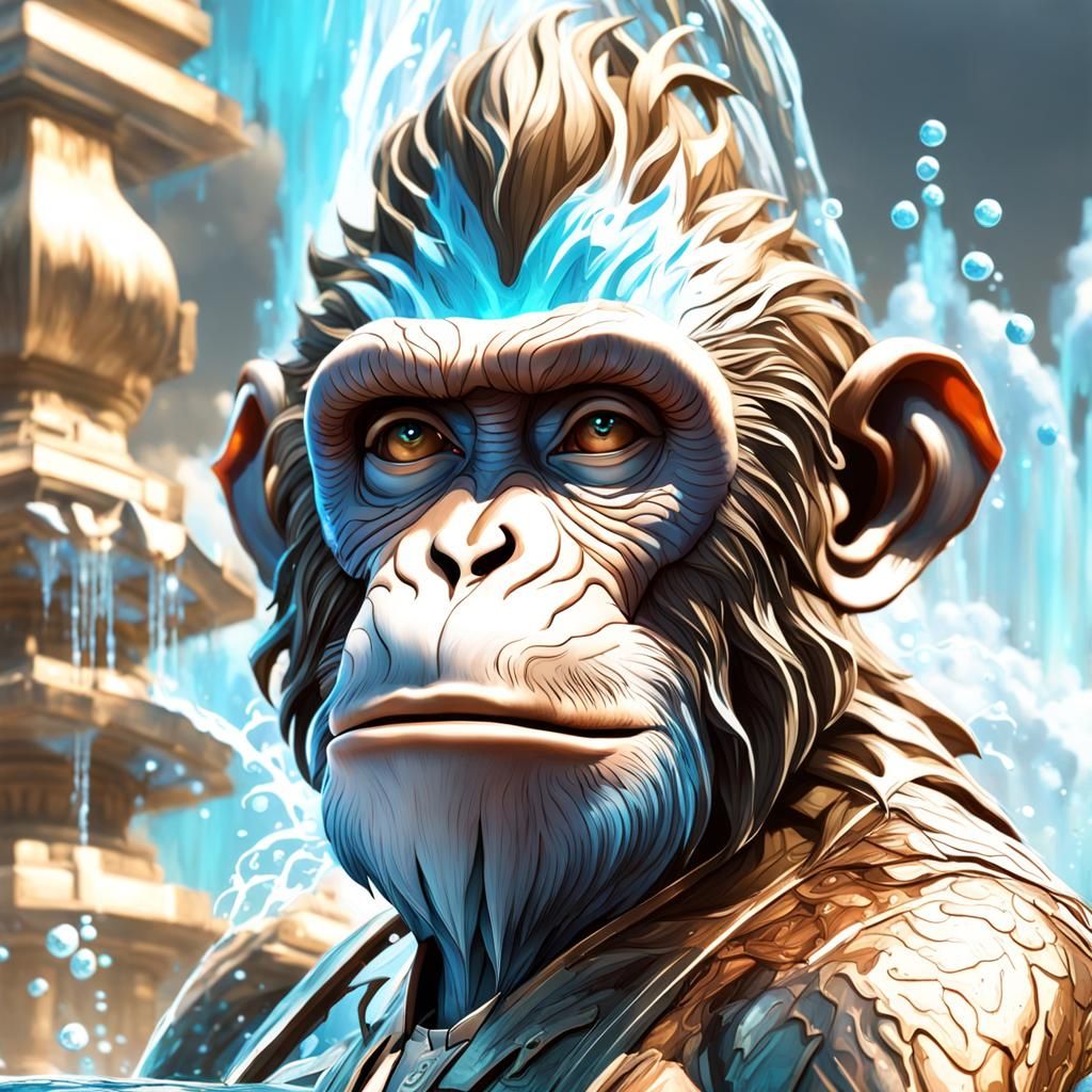 Detailed Monkey Portrait with Fountain, Artgerm Style