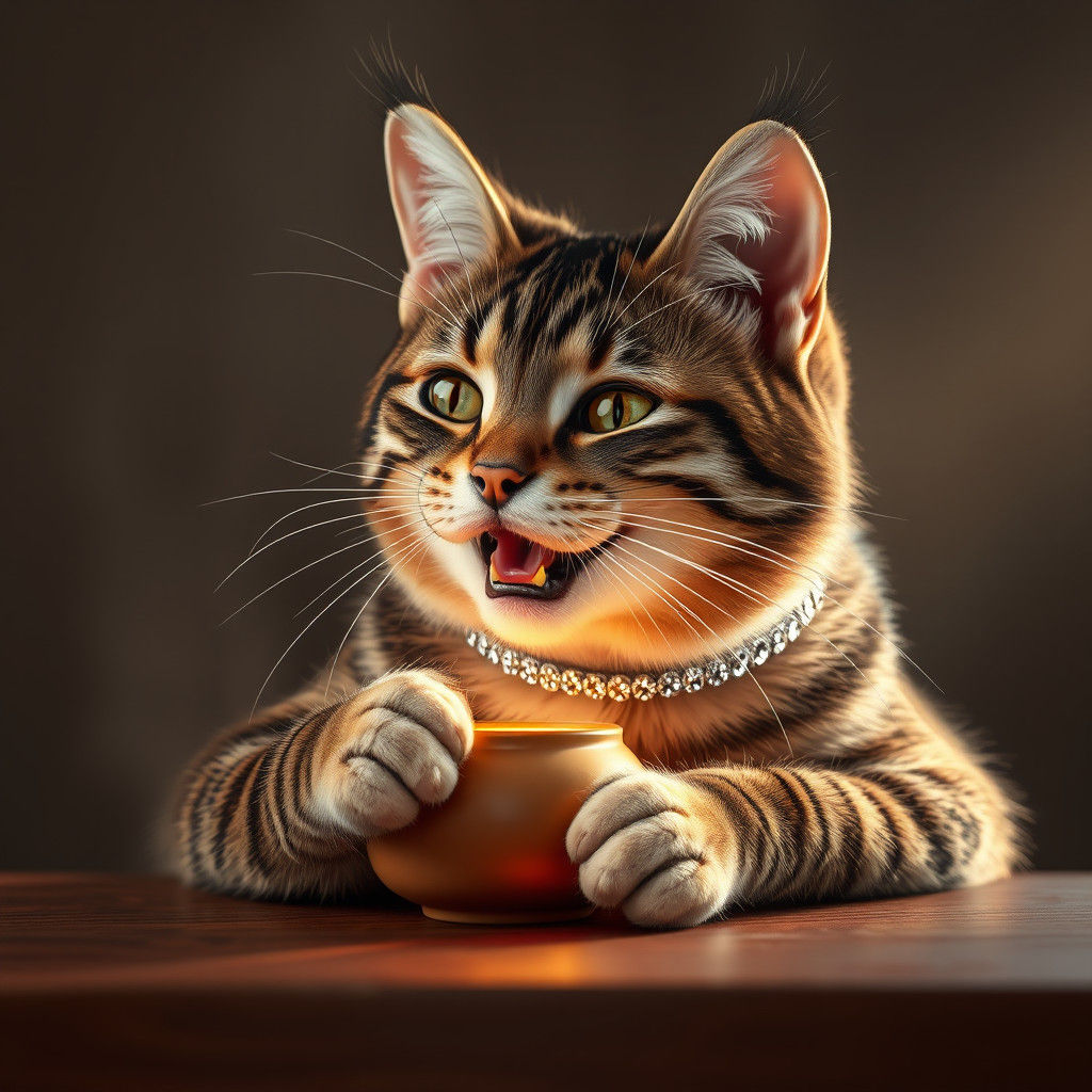 Glimmering Tabby Cat with Diamond Collar, Surrounded by Icy...