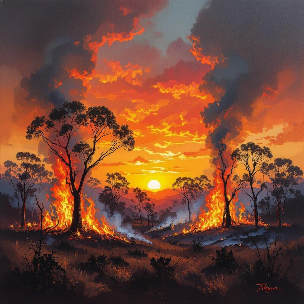 Surreal Bushfire Landscape in Expressive Oil Painting Style