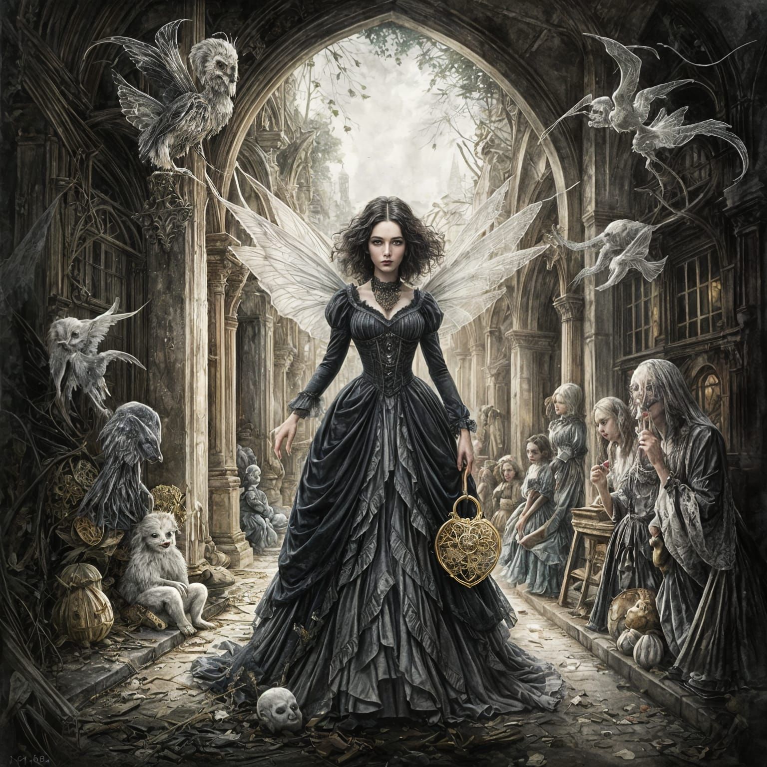 Victorian Widow Fairy in Whimsical Watercolor Style